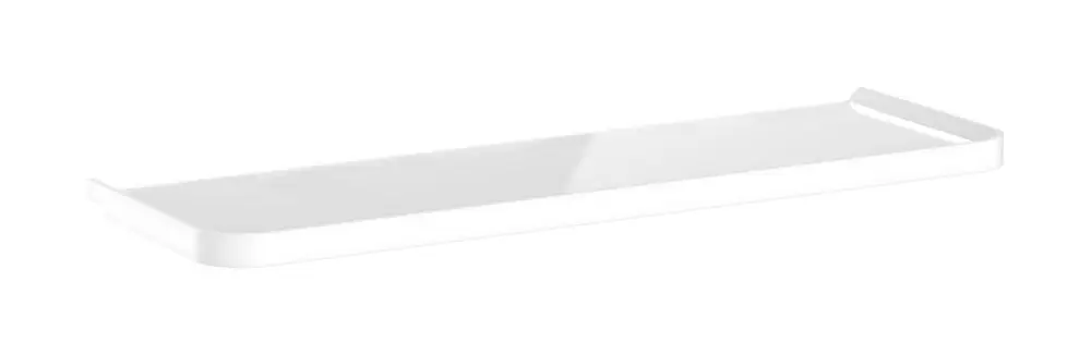 Weißes, flaches Ablageboard von Hansgrohe mit seitlichen Rändern, geeignet für die Wandmontage.